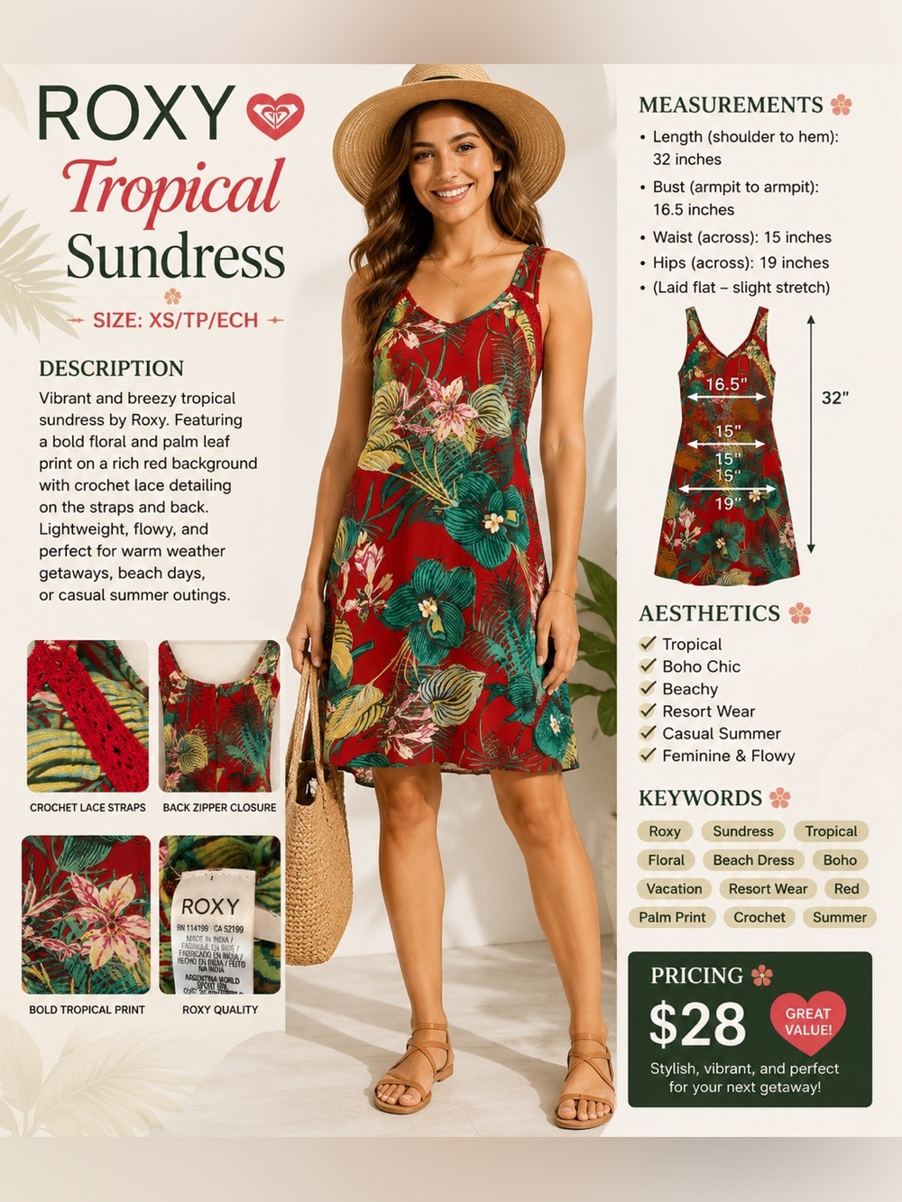 Roxy Red Tropical Print Dress with Green Accents
